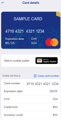 Card Details showing full account number and the Copy card number link