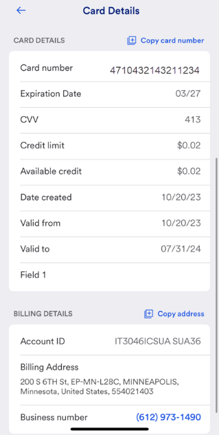 Card Details showing Copy card number link and Copy address link.
