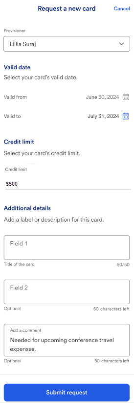 Request a new card showing information complete.
