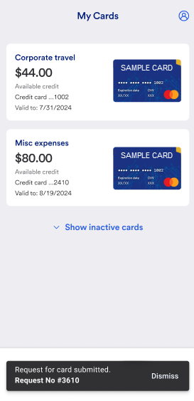 My Cards with confirmation message.