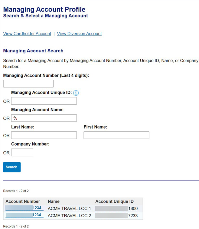 Search and Select a Managing Account screen with two results displayed