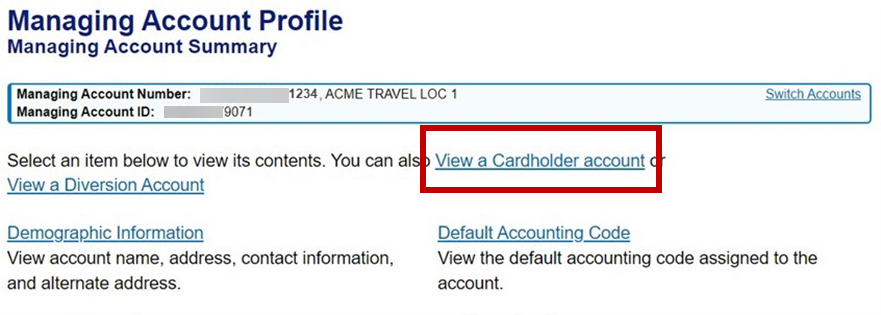 Managing Account Summary with View a Cardholder Account link highlighted