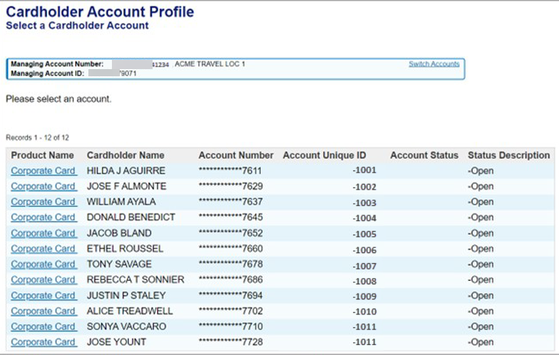 Cardholder Account Profile: Select a Cardholder Account screen with a list of card accounts