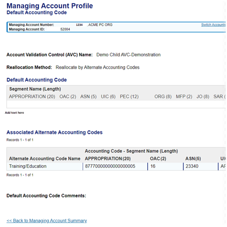 Managing Account Profile: Default Accounting Code with an Alternate Accounting Code