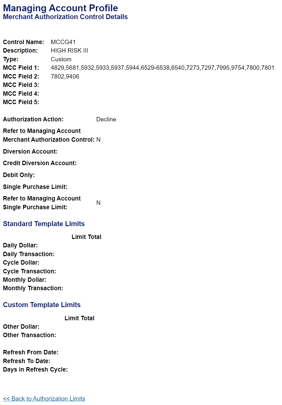 Managing Account Profile: Merchant Authorization Control Details