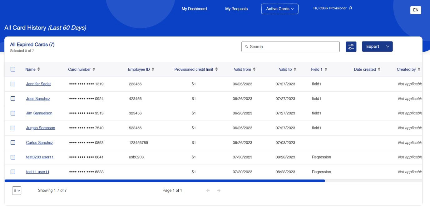All Card History screen.