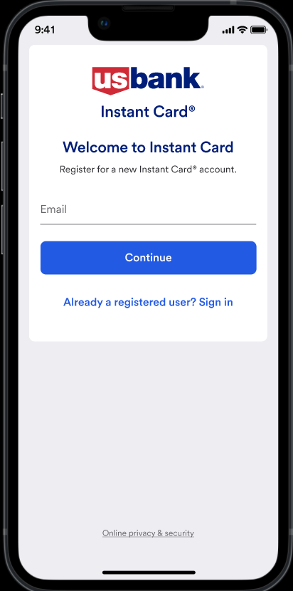 Mobile app login screen with email address field, Continue button and Already a registered user? Sign in link.