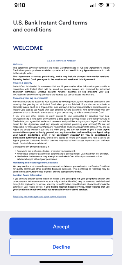 Sample terms and conditions screen
