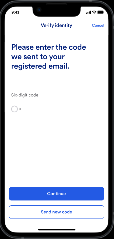Verify identity screen
Please enter the code we sent to your registered email.
Six-digit code field and Continue button