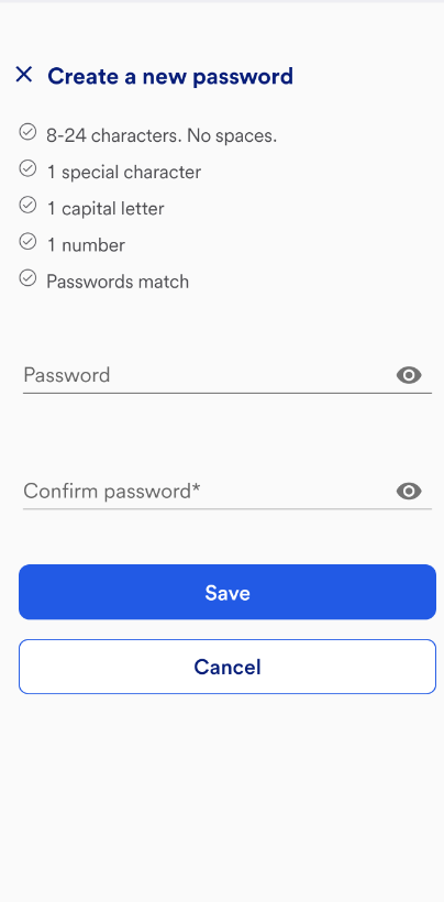 Create a new password screen with all the requirements met and the Save and Cancel buttons