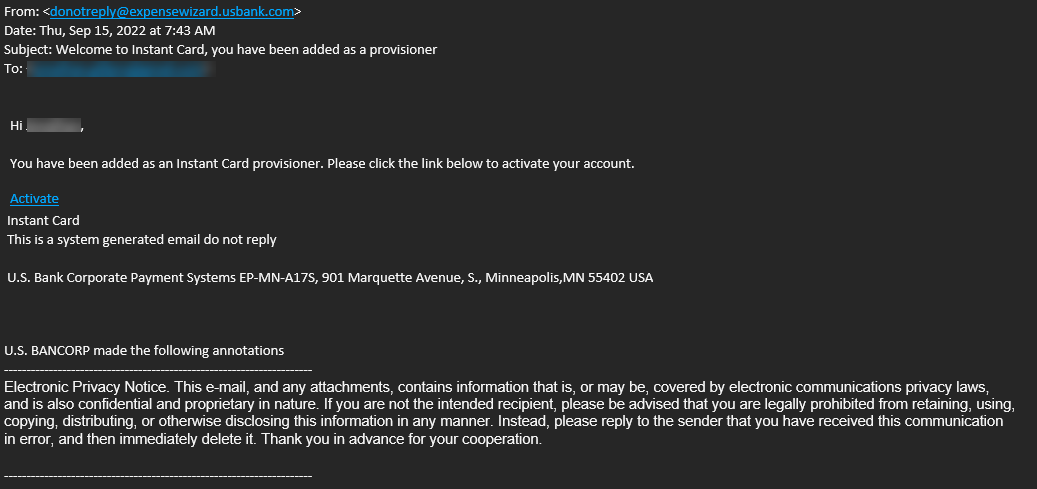Sample email message stating that the user has been added as provisioner with a link to Activate.